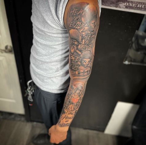 Ig: @harddhustle2 Left Arm Tattoo Men Full Sleeves, Mens Full Arm Sleeve Tattoo, Outer Bicep Tattoo Men Sleeve, Tattoo For Upper Arm, Full Arm Sleeve Tattoo Men, Full Arm Tattoo Men, Upper Shoulder Tattoo Men, Upper Arm Tattoos For Guys, Upper Shoulder Tattoo