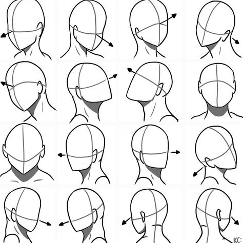 Head Reference Angles Side Profile Reference Looking Down, Turned Head Drawing Reference, Upward Head Angle Drawing, Face Direction Drawing, Anime Eyes Different Angles, Oblique From Behind Head Drawing, Head Directions Drawing, Face Direction Reference, Eye Direction Reference