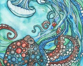 Tamara Phillips, Murmuration Art, Baby Turquoise, Octopus Painting, Jellyfish Print, Underwater Theme, Jellyfish Art, Sea Life Art, Octopus Print