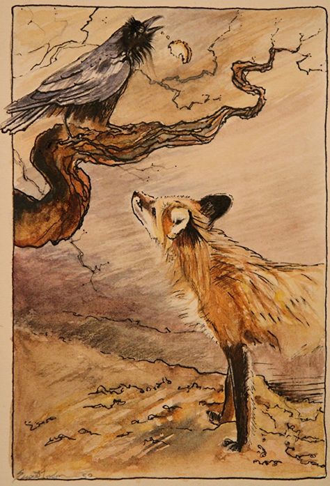 100 Paintings Raven & Fox 50 by Susie Gordon Watercolor / Ink ~ 7 x 5 Fox And Raven Tattoo, Foxes Aesthetic, Fox And Raven, Fox Reference, Fox Symbolism, Fox And Crow, Fox Aesthetic, Fox Sketch, Fox Watercolor