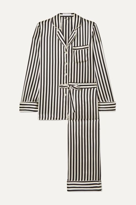 Olivia Von Halle Lila Striped Silk-Satin Pyjama Set 1970s Fashion Trends, Luxury Pajamas, Olivia Von Halle, Pajama Fashion, Sleepwear Fashion, Best Pajamas, Shirt Tucked In, Striped Pyjamas, Faded Jeans