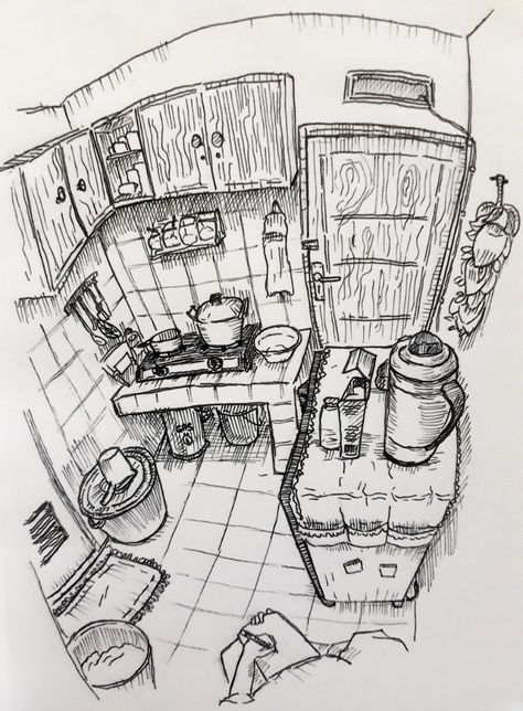 Kitchen Drawing Reference, Kitchen Illustration Drawings, Kitchen Perspective Drawing, Kitchen Drawing Sketch, Food Sketch Illustration, Situation Drawing, Drawing Warmups, Kitchen Perspective, Pov Drawing