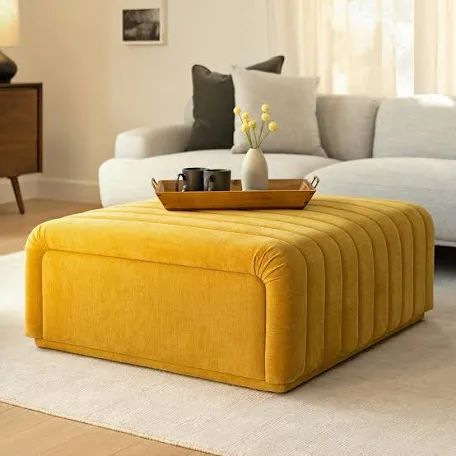 turquoise storage pouf - Google Search Modern Ottoman Living Room, Cocktail Ottoman Living Room, Mustard Furniture, Upholstered Ottoman Coffee Table, Yellow Ottoman, Colorful Ottoman, Mid Century Modern Living Room Decor, House Vibes, Large Ottoman