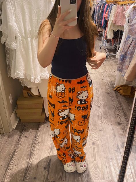 pants pj aesthetic hello kitty sanrio cute inspo halloween spooky season Halloween Pj Pants Aesthetic, Halloween Hello Kitty Pants, Hello Kitty Pajama Pants Outfit, Plush Pj Pants, Hello Kitty Halloween Pajama Pants, Pj Pants Aesthetic, Pajama Pants Aesthetic, Halloween Pj Pants, Pj Pants Outfit