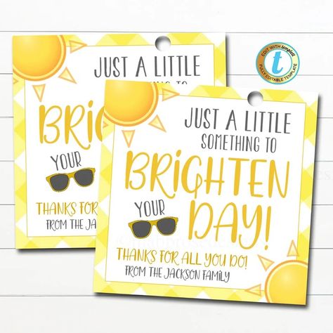 Yellow Sunshine Gift Box Tag, Something to Brighten Your Day, Neighbor Friend Coworker Staff Teacher Miss You Well Wishes, Editable Template - Etsy Neighbor Gifts Just Because, Small Appreciation Gifts For Coworkers, Something To Brighten Your Day, Sunshine Box, Sunshine Committee, Room Parent, Employee Rewards, School Pto, Yellow Sunshine