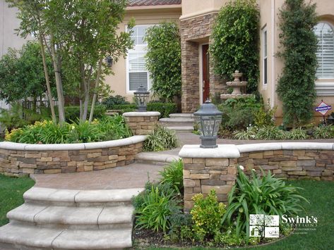 Front Porch Stone Steps, Front Door Landscaping, Concrete Yard, Colored Concrete, Elegant Entryway, Concrete Walkway, Valley Landscape, Front Courtyard, Patio Planters