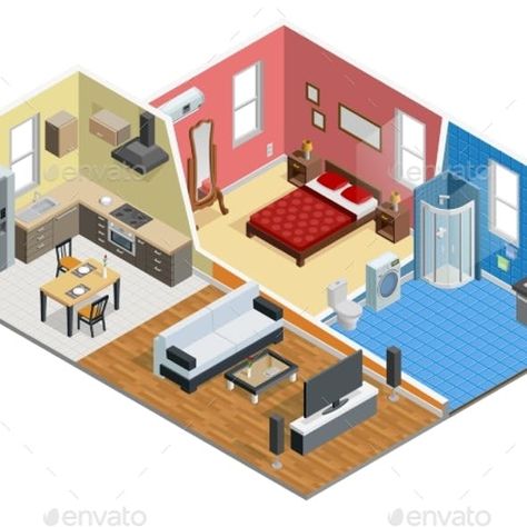 Apartment Isometric Design Isometric Apartment, House Isometric, Isometric Kitchen, Drawing Of People, Interior Graphic Design, Isometric Sketch, Living Room Vector, Perspective Room, Small Apartment Layout