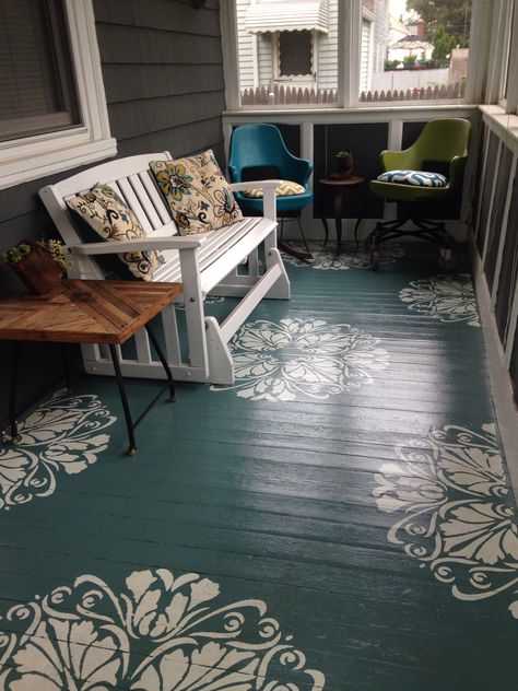 Stenciled porch floor Painted Porches Ideas, Stencil Painted Porch, Porch Floor Stencil Ideas, Porch Stencil Painted Floors, Wood Deck Stenciling Ideas, Painted Sunroom Floor, Front Porch Stencil Concrete Floors, Painted Porch Floor Wood, Front Porch Stencil