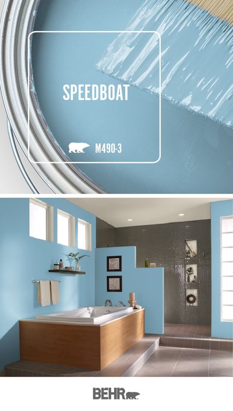 The sky blue hue of Speedboat by Behr Paint is the perfect pop of color for this spa-like bathroom. Adding a peaceful and relaxing style to this space, this wall color is sure to inspire calming feelings. See how you can add it to your home. Click below to learn more. Bookshelf Colors, Ombre Blue Behr Paint, Behr Peaceful Blue, Behr Dolphin Blue, Behr Pure Turquoise, Dolphin Blue Paint Behr Bedroom, Walnut Island, Color Of The Month, House Flipping