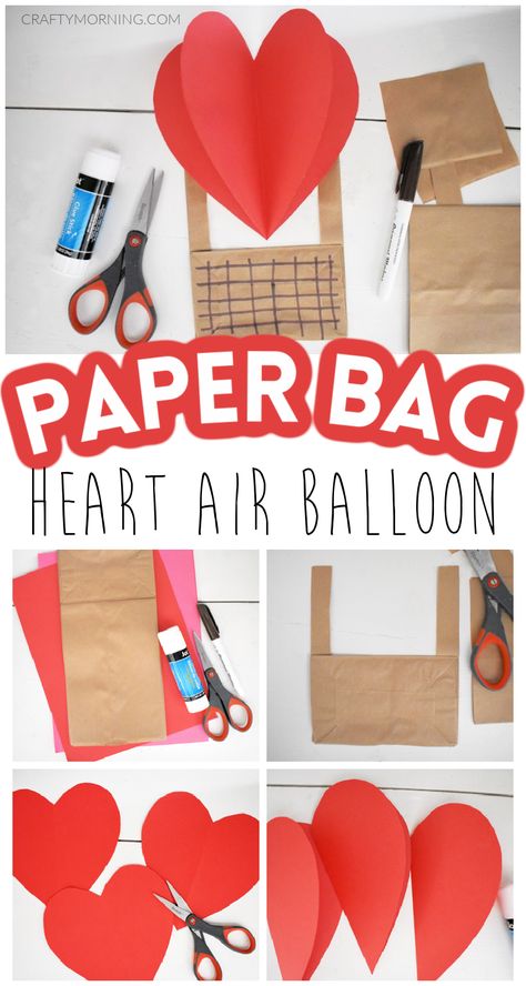 Valentines Hot Air Balloon Craft For Kids, Valentine Paper Bag Ideas, Diy Valentines Bags Brown Paper, Paper Bag Valentines Craft, Heart Decorations Diy Craft Projects, Easy Valentine Bags For Kids, Love Is In The Air Preschool Craft, Diy Valentines Bags For Kids Classroom, Brown Bag Valentine Ideas For Kids