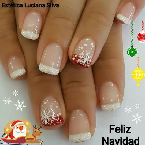 Xmas French Nails, Nails Cristhmas Ideas, French Manicure Christmas Nails, Christmas Sns Nails Ideas, French Tip Christmas Nail Ideas, Winter French Nails, Snow Flake Nail Art, Christmas French Manicure, Christmas Nails French