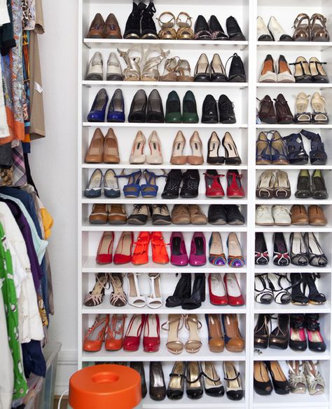 Rethink your BILLY bookcase - why not use it for shoe storage, like Elisabeth does! See more of her home at IKEA.com #IKEAIDEAS Cheap Bathroom Storage, Shoe Shelf In Closet, Shoe Storage Hacks, Billy Ikea, Ikea Storage Cabinets, Diy Shoe Rack, Closet Shoe Storage, Dorm Storage, Organization Station