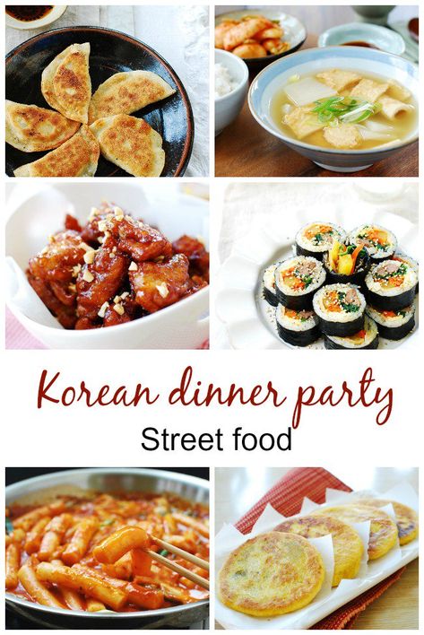 Fun Korean dinner party ideas with snack food, appetizers, and street food! Korean street food party Menu For Dinner Party, Korean Dinner Party, Korean Appetizers, Korean Menu, Korean Dinner, Easy Korean Recipes, Ground Beef And Cabbage, South Korean Food, Korean Dessert