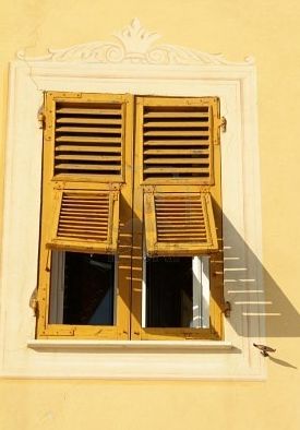 The relief work around the shutters in is stark contrast to their seemingly dilapidated state, love it! Italian Shutters, Yellow Shutters, House Window Design, Composition Painting, Inside House, Yellow Doors, Weather Vanes, Yellow House, Yellow Houses