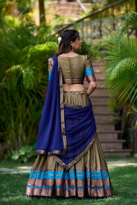 Half Saree Blouse Designs Back, Brown Half Saree, Saree Blouse Designs Back, Half Saree Blouse Designs, Traditional Half Saree, Zip Stitching, Lehenga Stitched, Dusky Skin, Cotton Lehenga