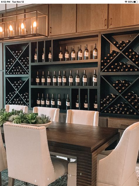 Dinning Room Wine Rack, Wine Dining Room Decor Ideas, Wine And Bourbon Room, Wine Wall In Kitchen, Living Room Wine Bar Ideas, Wine Walls Dining Room, Dining Room Wine Storage, Wine Wall Dining Room, Dining Room Wine Wall