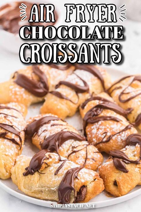 Air Fryer Chocolate Croissants - Make these chocolate stuffed crescent rolls in your air fryer. Wrap Pillsbury crescent roll dough around a spoonful of sweet and rich Nutella. Ready to eat in minutes! Such a delicious and easy dessert everyone loves. Chocolate Crescent Rolls, Pillsbury Biscuit Recipes, Pillsbury Crescent Recipes, Crescent Roll Recipes Dessert, Stuffed Crescent Rolls, Crescent Roll Recipes Dinner, Crescent Roll Dessert, Air Fryer Recipes Dessert, Chocolate Croissants