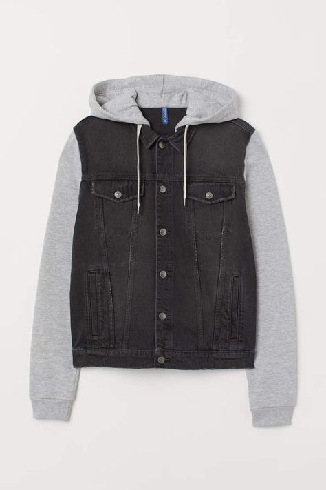 H&M - Hooded Denim Jacket - Black H&m Denim Jacket, School Jacket, Denim Outfits, Hooded Denim Jacket, Sweatshirt Fabric, Outfit Trends, Cropped Denim Jacket, Black Denim Jacket, Denim Jacket Men