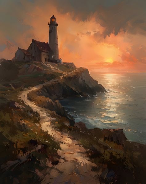 Old Lighthouse . . . #digitalart #visualart #artofvisuals #digitalartwork #fantasyart #fantasyartwork #digitalartwork #3dart #photoshop #aiart #aiartcommunity #digitalartist #fineart #digitalpainting #aesthetic #aestheticart #peacefulart #lighthouse #scenery #landscapeart Lighthouse Reference Photo, Thomas Kinkade Lighthouse, Lighthouse Fantasy Art, Inside A Lighthouse, Old Lighthouse Aesthetic, Lighthouse Keeper Aesthetic, Spooky Lighthouse, Fantasy Lighthouse, Medieval Lighthouse