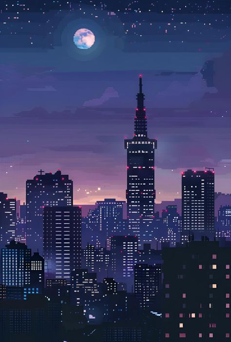 Save & follow for more stunning pixel art insights! This image captures a mesmerizing nighttime cityscape with a towering skyscraper at its heart. The detailed illumination in vibrant blues and purples stands out against the dark sky, characteristic of pixel art’s precision. This art form, born from early video games, uses individual colored pixels to create intricate scenes. Each pixel is meticulously placed to form a broader, visually alluring picture.  #PixelArt #Cityscape #RetroArt #DigitalArt #PixelSynth #NighttimeArt Dark Blue Pixel Art, Pixel Art Landscape, Ganpati Decoration, Sell Photos, Dark Sky, Night Art, Dark Skies, Art Landscape, Night City