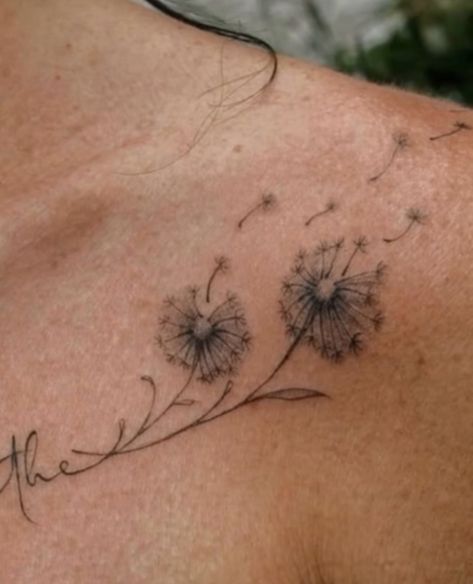 Shoulder Dandelion Tattoo, Elephant Dandelion Tattoo, Dandelion Child Tattoo, Dandelion Collar Bone Tattoo, Dandelion Tattoo Collar Bone, Someday Tattoo, Clavicle Tattoo, Bohemian Tattoo, Birthday Tattoo