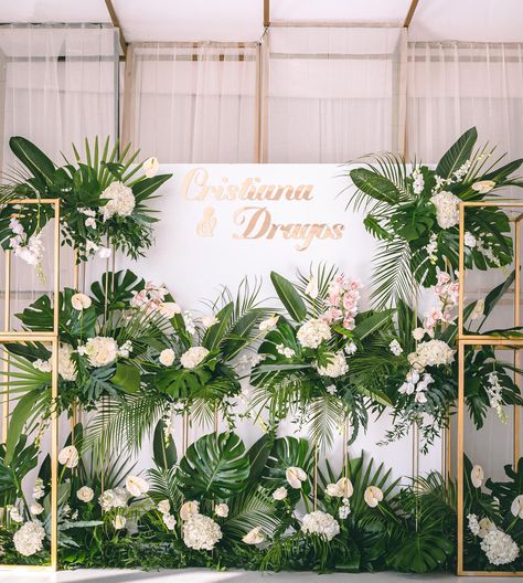 Tropical Wedding Backdrop, Backdrop For Wedding, Tropical Glam, Exotic Wedding, Wedding Backdrop Design, Flower Installation, Bride Bouquet, Sapphire Wedding, Backdrop Design