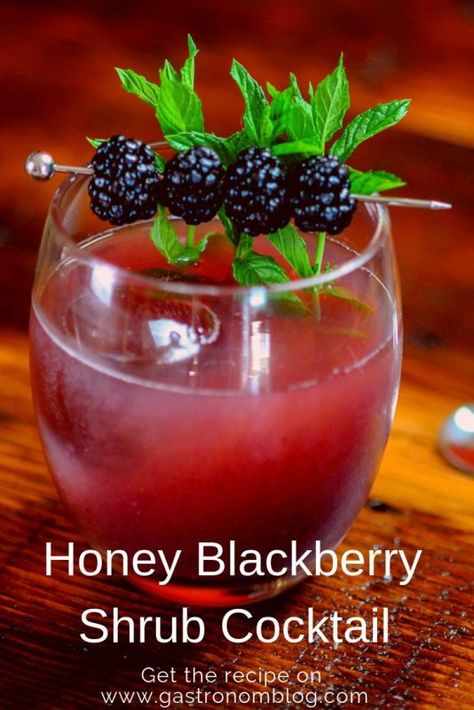 This Honey Blackberry Shrub Cocktail is refreshing and tasty from the Gastronom. Its a great combination of bourbon, blackberries, honey and the bite of apple cider vinegar. This Bourbon Shrub Cocktail is topped with club soda it is great for a crowd! #gastronomblog #bourbon #blackberries #applecidervinegar #clubsoda Blackberry Shrub, Alcohol Punch, Shrub Drink, Blackberry Bourbon, Blackberry Cocktail, Shrub Recipe, Rum Swizzle, Drinking Vinegar, Bourbon Cocktail