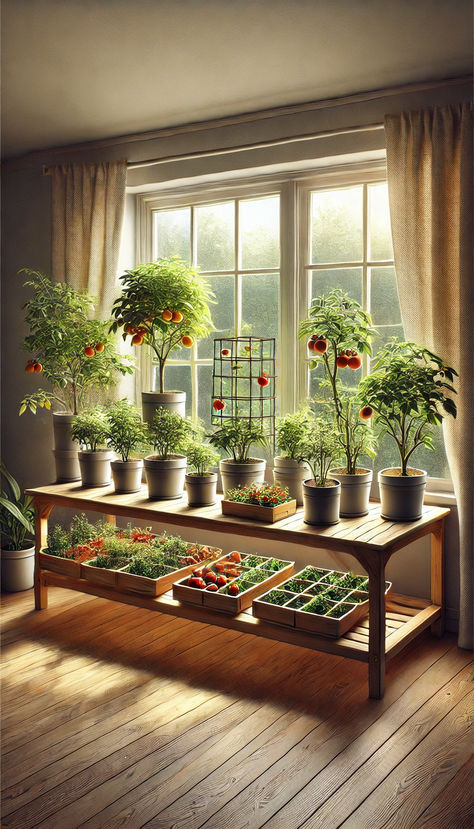 Tomato Container Garden by the Window Grow Tomatoes Indoors, Tomato Container Gardening, Suburban Homesteading, Windowsill Herb Garden, Growing Tomatoes Indoors, Low Bench, Growing Vegetables Indoors, How To Grow Tomatoes, Grow Tomatoes