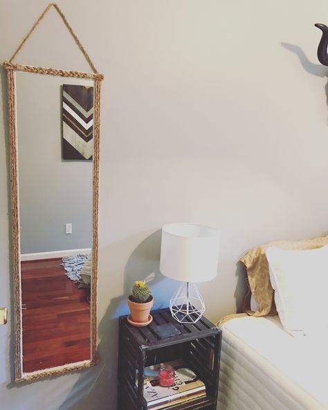 Mirror Revamp Diy, Walmart Mirror Makeover, Diy Walmart Mirror Ideas, Walmart Mirror Diy, Long Mirror Diy, Walmart Mirror Hack, Long Mirror In Bedroom, Diy Rope Mirror, Walmart Mirror