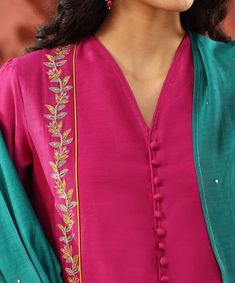 Possessed by pink? Turn to intricate embroidery, flower motif and a lush silk fabric to revitalise a predictably feminine hue. Our Pink Hand Embroidered Pure Chanderi Silk Kurta With Turquoise Blue Pants And Dupatta adds just the right amount of softness to your daytime festivities. Explore The Spring Collective: Phagun online at www.weaverstory.com or at our stores For appointments, Call/ Whatsapp: +91 9810646345 Delhi store- 📍253, Westend Marg, Kohinoor Enclave, Near Garden of Five Sen... Salwar Suit Neck Designs, Turquoise Pants, Suit Neck Designs, Ethnic Suit, Zardozi Embroidery, Embroidery On Kurtis, Kurti Embroidery Design, Dress Design Patterns, Hand Embroidery Tutorial