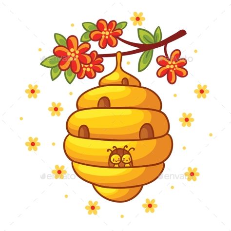 Beehive Cartoon, Beehive Drawing, Beehive Art, Branch With Flowers, Bee Drawing, Flowers Vector, Bee Art, Flower Branch, Bee Theme