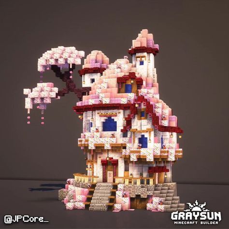 Cherry Blossom Buildings Minecraft, Cherry Nether Portal, Ldshadowlady Builds, Fairy Castle Minecraft, Minecraft Cherry Wood House, Cherry Wood Minecraft House, Minecraft Roof, Minecraft Build Ideas, Wood Cottage