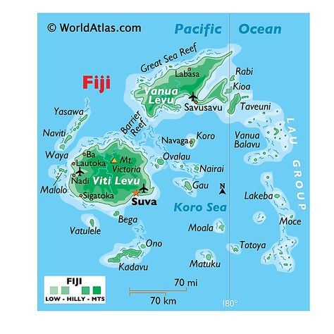 Fiji Map, Fiji Hotels, International Date Line, Travel Fiji, Underwater Hotel, Fiji Travel, South Pacific Islands, Country Facts, Physical Map