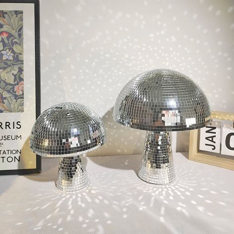 ArtZ® Disco Mushroom Sculptures #artzmiami #artz #stainlesssteelsculptures #homedecoration #homedecor #interiordesign #home #homedesign #interiorstyling #homestyle #interior #interiors #wallart #sculptures #graffitiart #stainlesssteelart #lighting #faucets #wallpanels #furniture #decor #livingroom #bathroom #interiordecor #homestyling #interiordesigner #homedecorideas Mushrooms Decoration, Mirror Mushroom, Mushroom Disco Ball, Mushroom Mirror, Disco Mushroom, Disco Ball Decorations, Silver Disco Ball, Decoration Mirror, Relaxation Space