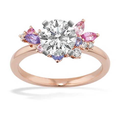 A beautiful array of natural sapphire accents in varying shapes and shades of pink and purple gives a floral look in this 14-karat rose gold engagement ring. It also features natural diamond accents for a touch of sparkle. Add the center stone of your choice to complete this dreamy design. For more information on selecting your center stone  live chat online  call a customer service representative at 1-866-467-4263  or visit one of our store locations. Lavender Sapphire Engagement Ring, Lavender Sapphire, Dreamy Design, Pretty Engagement Rings, Customer Service Representative, Pink Lavender, Sapphire Engagement Ring, Rose Gold Engagement, Gold Engagement Ring