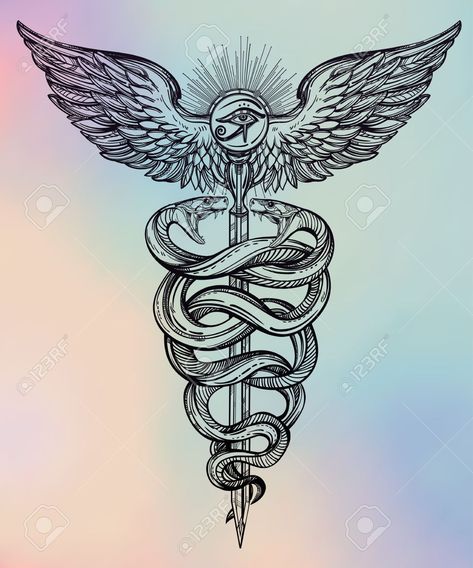 Scepter Tattoo, Mercury Illustration, Hmong Tattoo, Kundalini Tattoo, Caduceus Tattoo, God Mercury, Sketches Tattoo, Caduceus Symbol, Vintage Tattoo Design