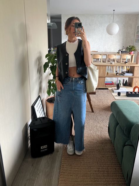 Outfit of the day, denim maxi skirt, leather vest Leather Vest Outfits For Women Fall, Vest And Midi Skirt Outfit, Zip Vest Outfits, Oversized Leather Vest Outfit, Fisher Vest Outfit, Vest And Maxi Skirt Outfit, Leather Waistcoat Outfit Woman, Leather Waistcoat Outfit, Leather Gilet Outfit