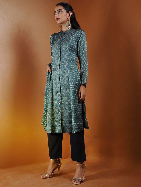 Buy Indigo Button-down Ajrakh Gajji Silk Kurta with Pockets by Jaypore Online at Jaypore.com Gaji Silk Dress Design, Gaji Silk Kurta Patterns, Gaji Silk Kurta Design, Gajji Silk Kurta, Silk Kurtas, Wardrobe Must Haves, Kameez Design, Silk Dress Design, Silk Outfits