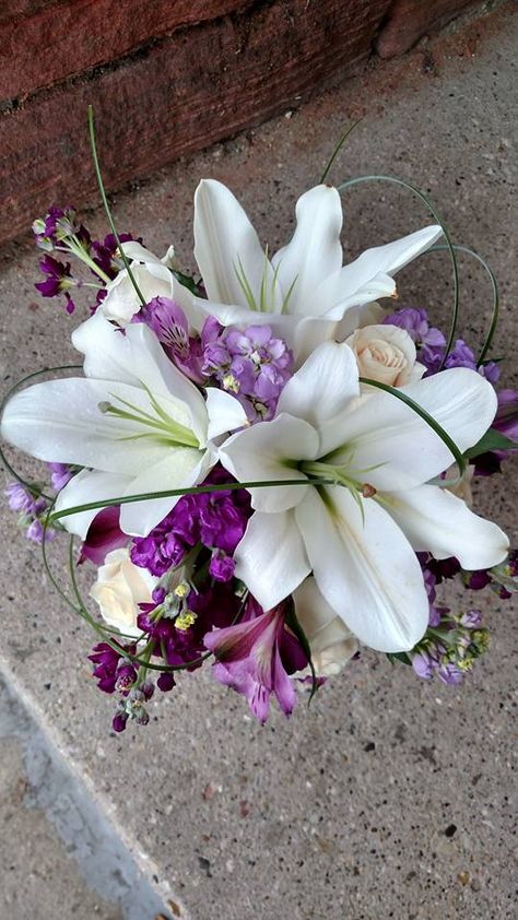 Purple White Flower Bouquet, Purple And White Lily Bouquet, White And Purple Prom Bouquet, Prom Bouquet Ideas Purple Dress, Lily And Lavender Bouquet, White Bouquet With Purple Accents, Lilac Prom Bouquet, Purple Bouquets Wedding, Prom Flowers Purple