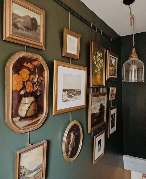 Hobbit Style Decor, Cottage Core Vintage, Decorating Inspiration, Hallway Vintage Gallery Wall, Gallery Wall Of Mirrors, Picture Rail Gallery Wall, Cottage Core Hallway, Antique Photo Wall, Gallery Rail Wall