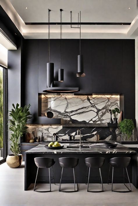 Modern Monochrome Kitchen, Dark Glamour Interior, Modern Dark Dining Room, Dark Moody Kitchen Design, Unique Kitchen Cabinet Colors, Modern Black Kitchen Cabinets, Moody Cabinets, White Oak And Black Kitchen, Moody Modernism