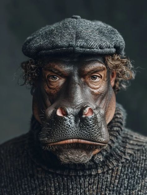 The image is a portrait of a man with a hippopotamus mask. The mask is very realistic, and it is difficult to tell that it is not a real hippopotamus ->> more details in ai-img-gen.com Realistic Surrealism, Hippo Face, Grey Mood, Warm Background, Portrait Realistic, Serious Expression, Surreal Portrait, Human Eyes, Human Eye