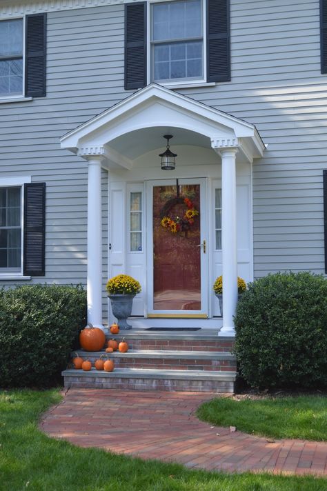 The greatest portico of all time (barrel vault, dentil moulding, pendant from Wayfair). Gable Portico Front Entry, Adding Portico To Front Of House, Portico Colonial, Portico Ideas, Portico Entry, Front Door Overhang, Barrel Vault, Front Porch Addition, Door Overhang