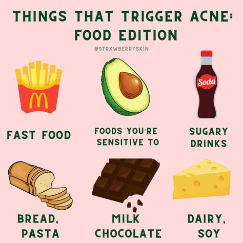 Acne can be a major stressor regardless of grade. Everybody’s triggers can be different. In majority of cases acne can be triggered by something going on internally, or can even be effected by what we put in our body. Now, I am not a dietician, however, do believe we need to treat our body well and fill it up with nutrients and vitamins and things that make us genuinely feel good. I have listed a few food triggers that cause acne flare ups. 💡A tip to try to help pinpoint is by eliminating ev Acne Triggers, Snacks Recipes, Dairy Milk, Food Stuff, Healthy Snacks Recipes, Our Body, Food Hacks, We Need, Healthy Food