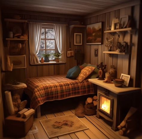 Forest Cabin Aesthetic Bedroom, Cabin Astethic Bedroom, Simple Cabin Interior, Cute Cabin Interior, One Room Cabin Interior, Cabin Bedroom Aesthetic, Camp Bedroom, One Room Cabin, Log Cabin Interior