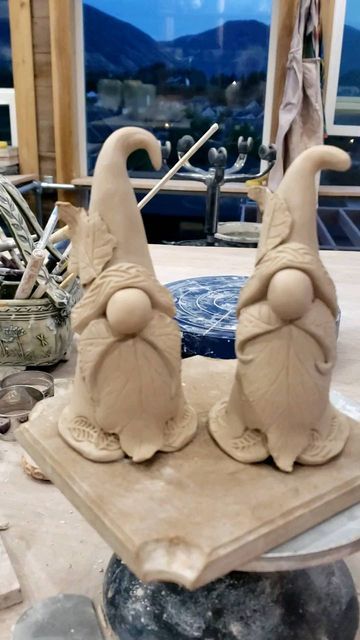 Hobble Creek Pottery, Ceramic Snowman Handmade, Pottery Gnomes, Ceramic Gnomes, Clay Gnomes, Clay Projects For Kids, Clay Christmas Decorations, Santa Carving, Ceramic Santa