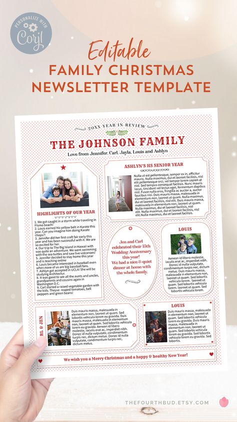 Create a beautiful Christmas newsletter or year in review that will delight family and friends with this fun Christmas newsletter template! This template is perfect for writing news in brief and it's easy to personalize using the CORJL website. When done, you can download it as a PDF for printing or as a JPG file for sending by email. Click through to learn more. THEFOURTHBUD.ETSY.COM Christmas Letter Template, Christmas Newsletter, Newsletter Design, Pdf Templates, Square Photos, Cool Writing, Christmas Lettering, Printer Paper, Letter Templates