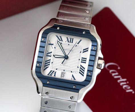 This watch is brand new unworn/unsized, direct from an authorized dealer still completely wrapped in all the protective plastics. Cartier Santos, White Dial, Cartier, Blue White, Blue And White, Brand New, Best Deals, Blue, White