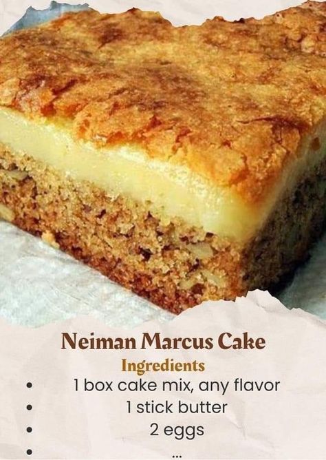 Ina Garten Cooking | Neiman Marcus Cake | Facebook Neiman Marcus Cake, Boxed Cake Mixes Recipes, Cake Mix Desserts, Stick Butter, Cake Bars, Box Cake Mix, Cake Mix Recipes, Köstliche Desserts, Almond Cakes