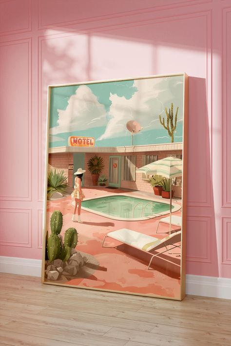 This beautiful piece is my own creation, so you wont find another like it! I hope you love it as much as I do! Retro Motel Art Print, Palm Springs Motel, Desert Motel Poster, Tropical Wall Decor, Pink Wall Art, Vintage Wall Art, Palm Springs Pool ➤ Please note: Frames are not included. Depending on the size of the print the art may be cropped to fit the aspect ratio. ➤ PRODUCT INFORMATION Bring out the best in your artwork with these museum-quality posters made of thick matte paper. Each poster Pink Palm Springs Aesthetic, Palm Springs Home Aesthetic, Palm Springs Decor Mid Century, Retro Pink Bedroom, Vintage Tropical Art, Palm Springs Color Palette, Palm Springs Motel, Palm Springs Bathroom, Palm Springs Bedroom